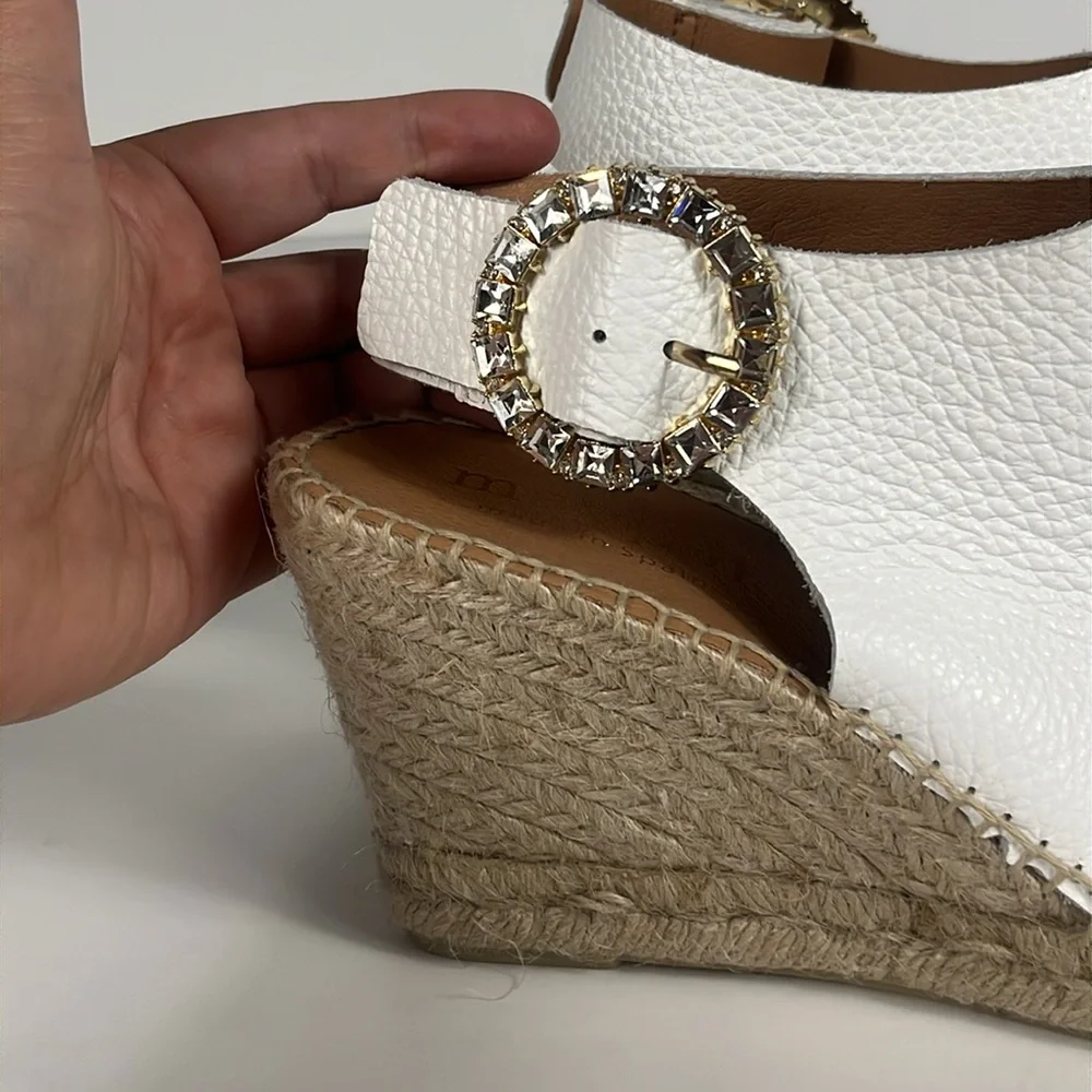 Maypol White Pebbled Leather Peep Toe Espadrille Wedge Rhinestone Buckle SZ 40 - Picture 2 of 10